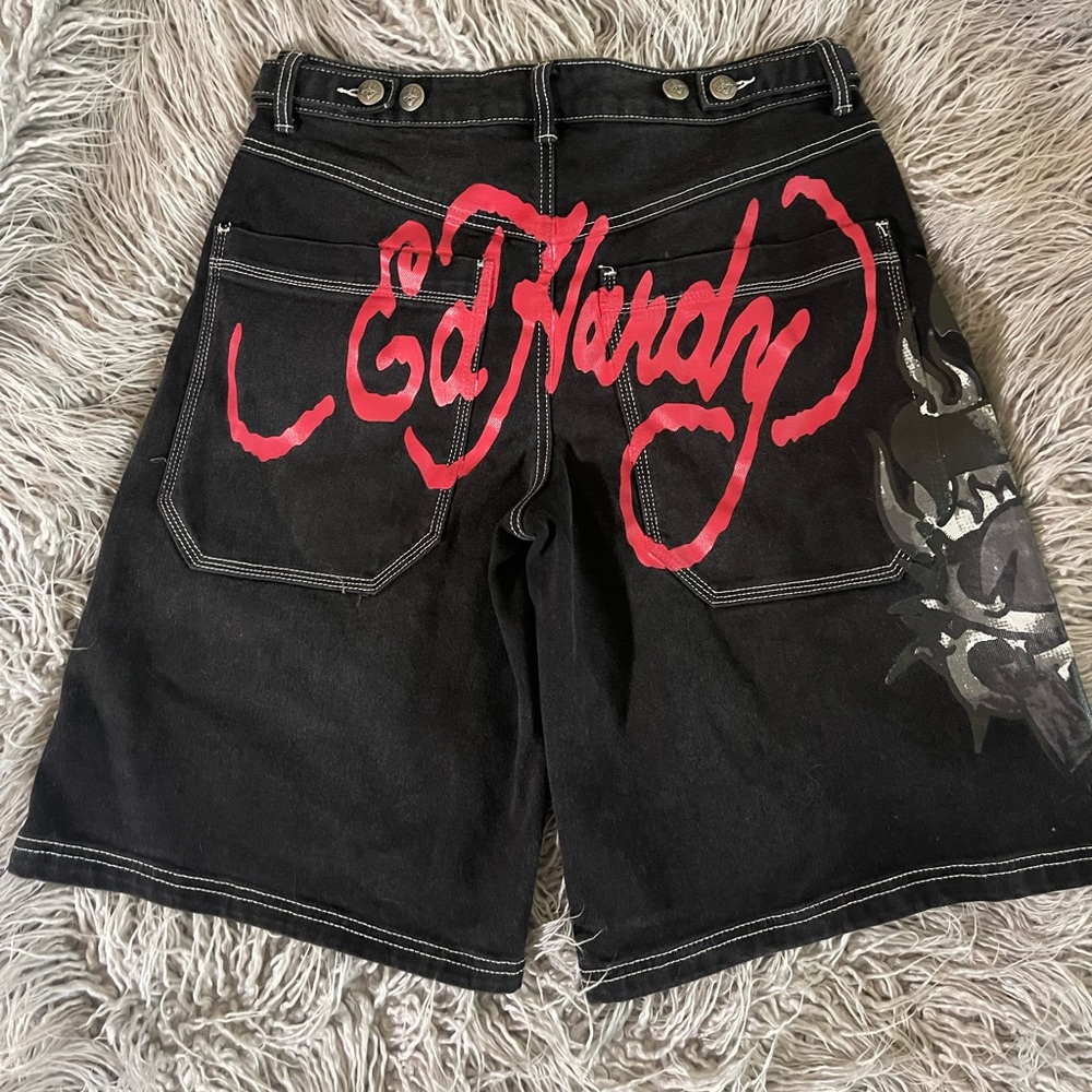 Ed Hardy Black and Red Graphic Jean Shorts